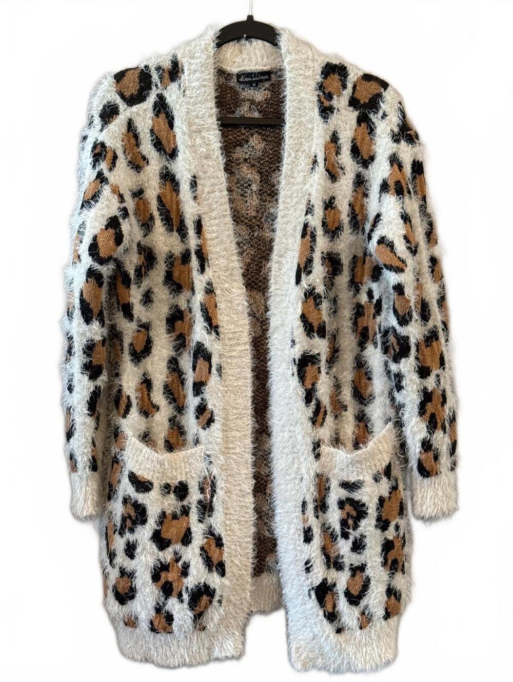 Alison Andrew Medium Fuzzy Leopard Print Cardigan Sweater